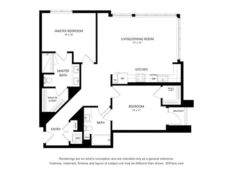 Floor plan for 2 beds, 2 baths, 1280 sqft
